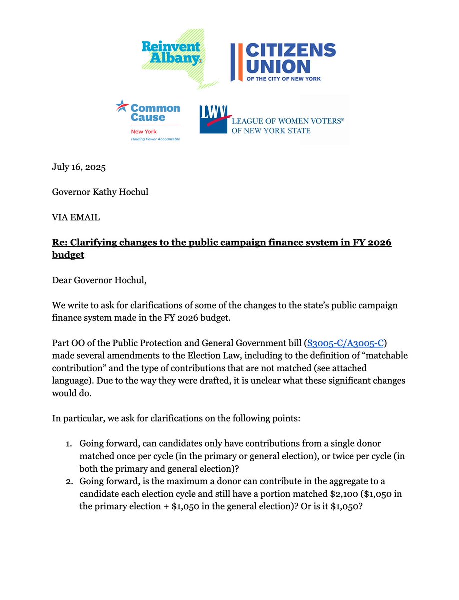ReinventAlbany's tweet image. We and three groups asked the Governor to clarify changes made to public campaign finance in the budget.

Read it:

buff.ly/ZsyrI8C