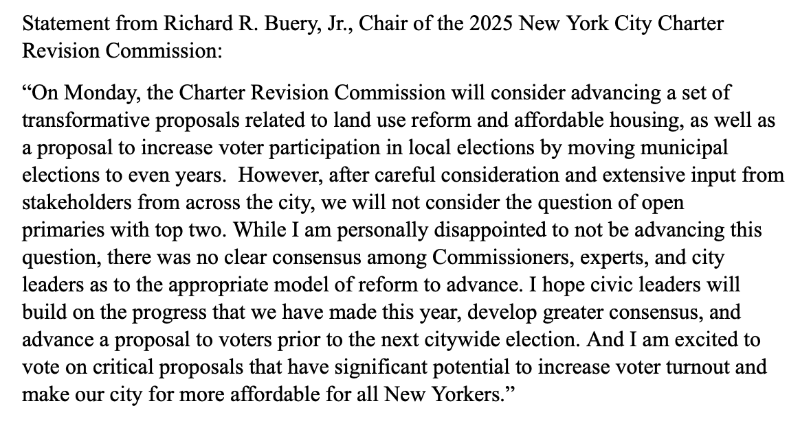nick_garber's tweet image. New: open primaries will NOT be proposed for the general election ballot by the mayor's Charter Revision Commission, chair @RichardBuery says in a statement—adding he's "disappointed."
This means the Q's will be limited to changes to the land-use process + even-year elections.