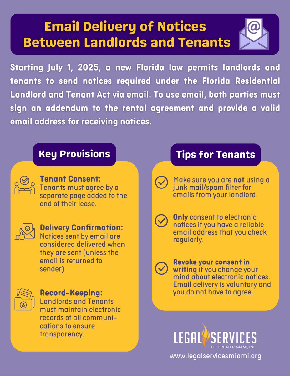 _LSGMI_'s tweet image. Starting July 1, 2025, a new Florida law permits landlords and tenants to send notices required under the Florida Residential Landlord and Tenant Act via email. To use email, both parties must sign an addendum to the rental agreement and provide a valid email address for…