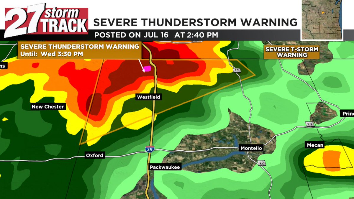 27StormTrack's tweet image. A severe t-storm warning is in effect until Jul 16 3:30PM for Marquette Co. Stay indoors! Watch WKOW for the latest info #wiwx