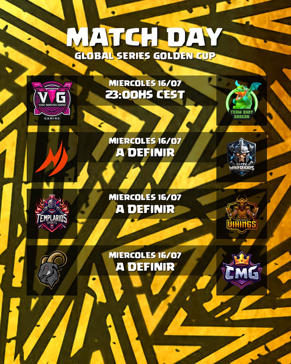 Global Series (@ggseriesok) on Twitter photo 🇪🇸 | GSGC
Match Day
<a href="/VigneWarriorsG/">Vigne Warriors Gaming</a> 🆚 <a href="/BABYDRAGON_ES/">TEAM BABY DRAGON 🐲</a>
<a href="/NoMercyGG__/">No Mercy</a> 🆚 @EliteWarriors__
<a href="/TemplariosEGS/">Templarios Esports</a> 🆚 <a href="/TeamVikings_CR/">VIKINGS</a>
<a href="/FtvCanarias/">FTVCanarias</a> 🆚 <a href="/CMG_EsportsCR/">CMG E-Sport</a>
Hoy los equipos del grupo E y F buscaran el pase a la fase 02!
Quienes lo lograran?👀
#GGSGC 🇪🇸 | GSGC
Match Day
<a href="/VigneWarriorsG/">Vigne Warriors Gaming</a> 🆚 <a href="/BABYDRAGON_ES/">TEAM BABY DRAGON 🐲</a>
<a href="/NoMercyGG__/">No Mercy</a> 🆚 @EliteWarriors__
<a href="/TemplariosEGS/">Templarios Esports</a> 🆚 <a href="/TeamVikings_CR/">VIKINGS</a>
<a href="/FtvCanarias/">FTVCanarias</a> 🆚 <a href="/CMG_EsportsCR/">CMG E-Sport</a>
Hoy los equipos del grupo E y F buscaran el pase a la fase 02!
Quienes lo lograran?👀
#GGSGC