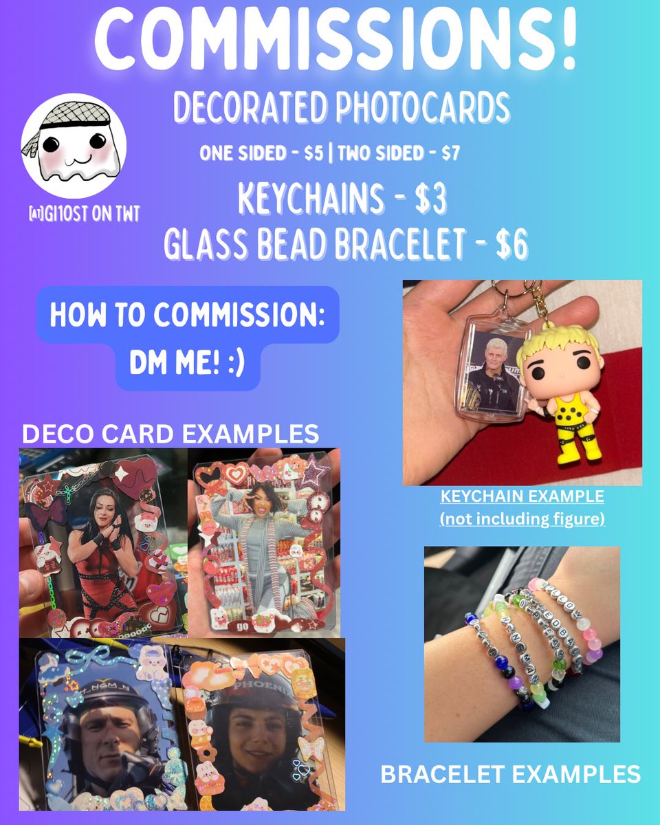 gI1ost's tweet image. ❕OPENING COMMS AGAIN❕
DECO CARDS (any picture you want - you send them to me)
- one sided $5 / two sided $7
KEYCHAINS $3 (same thing about the photos, you send them)
BRACELETS $6
please feel free to ask me anything else you’re not sure about! rt!