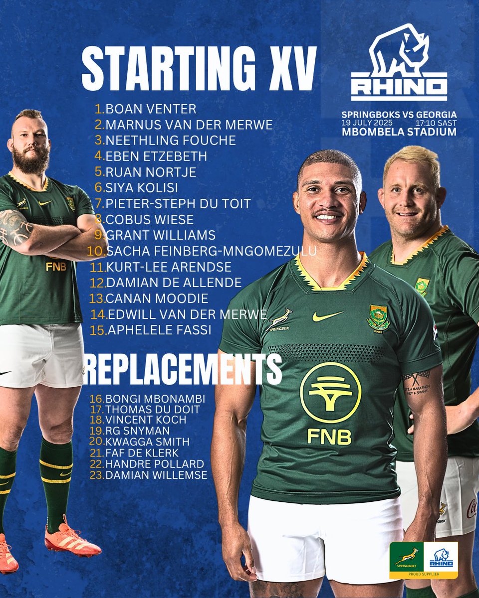 Springbok Squad Announcement
Locked in and ready to go.

Here’s your team to take on Georgia at Mbombela Stadium, Nelspruit.

Saturday, 19 July
Kick-off: 17:10
Springboks vs Georgia

Let’s fill up Mbombela and get behind the boys in green and gold.

#WeAreRhino
