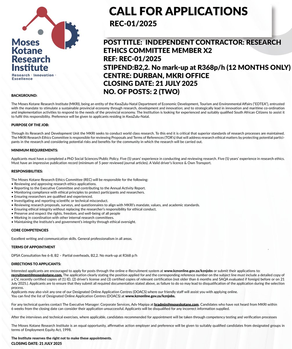 🚨 MKRI is hiring!
We're looking for 2 PhD-level experts to join our Research Ethics Committee as Independent Contractors.
🧠 Min 5 years’ experience in research &amp; ethics required.
📅 Deadline: 21 July 2025
🔗 Apply: recruitment@moseskotane.com or kznonline.gov.za/kznjobs
#MKRI