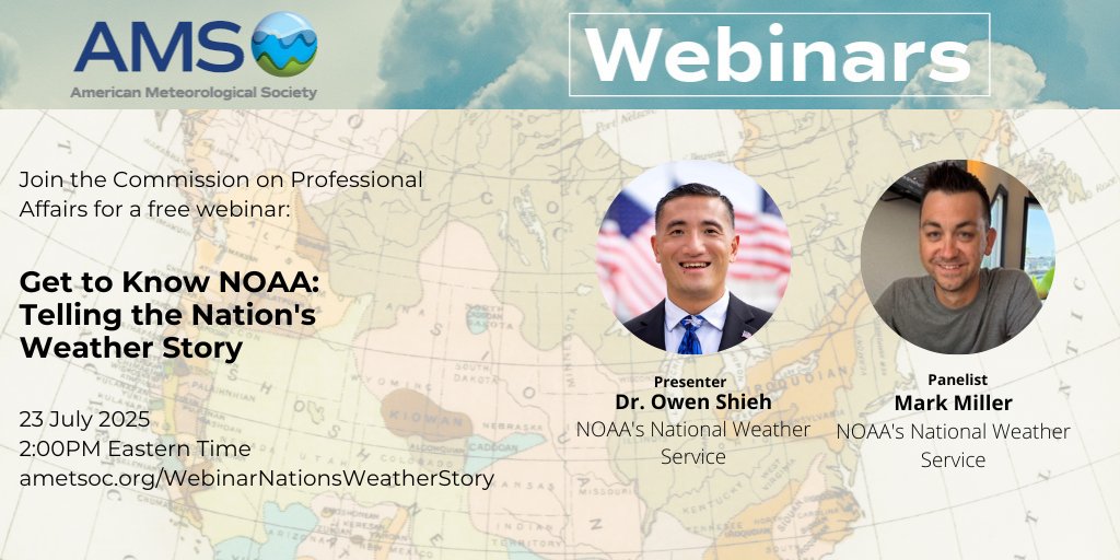 ametsoc's tweet image. Next week, join us to hear from NWS Weather Prediction Center (WPC) on decision support products that "Tell the Nation's Weather Story."
WPC meteorologists will share how best to access and interpret its national decision support products.
Register now: bit.ly/4eEyOSu