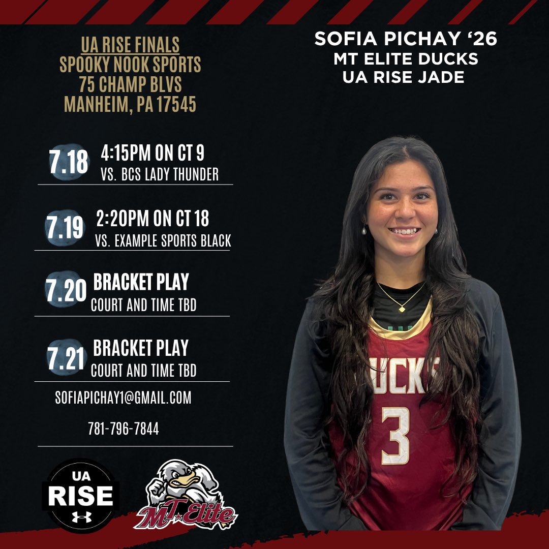 Sofia Pichay (@sofiapichay) on Twitter photo So excited to be playing this weekend in PA for session III of the UA Rise circuit with <a href="/MTEliteDucks/">MT Elite Ducks</a>!! College coaches check out my schedule below!! <a href="/mdell74/">Matt DellaBarba</a> <a href="/AllieScarpa/">Allie</a> <a href="/TimLopes9/">Coach Tim Lopes</a> So excited to be playing this weekend in PA for session III of the UA Rise circuit with <a href="/MTEliteDucks/">MT Elite Ducks</a>!! College coaches check out my schedule below!! <a href="/mdell74/">Matt DellaBarba</a> <a href="/AllieScarpa/">Allie</a> <a href="/TimLopes9/">Coach Tim Lopes</a>