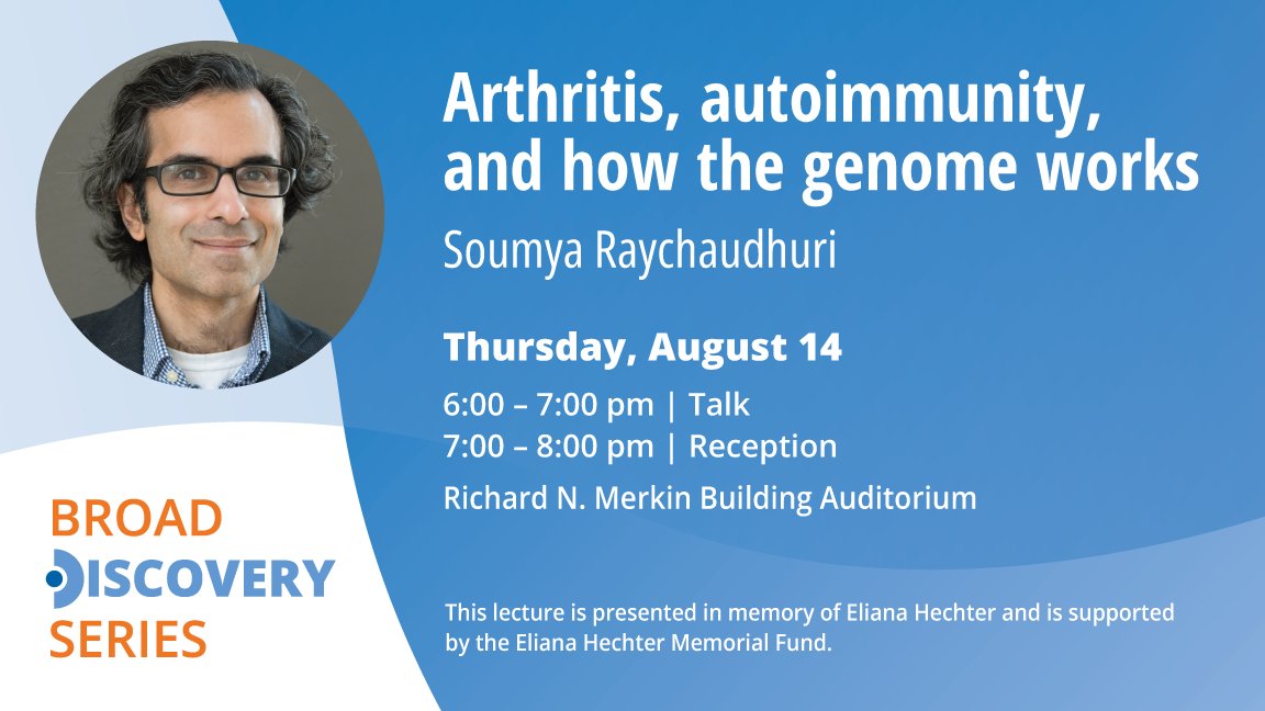 broadinstitute's tweet image. Join us on Thursday, August 14 at 6 PM ET in Cambridge, MA – or online – for a Broad Discovery Series talk with @soumya_boston: “Arthritis, autoimmunity, and how the genome works.” Register: broadinstitute.swoogo.com/DiscoverySerie… #ScienceTalks