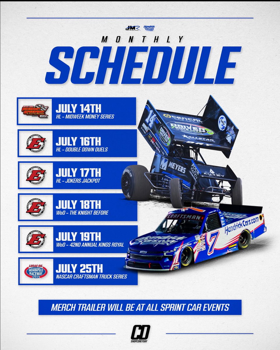 ShopCoreyDay's tweet image. Corey Day July Race Schedule 🏁