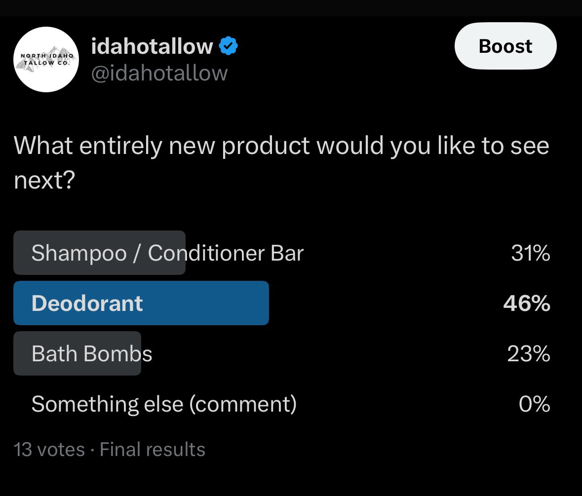 idahotallow's tweet image. You spoke and we’re listening.
We’ll work on formulating a deodorant next!
Comment what scents you’d love to see ❤️
Idahotallow.com