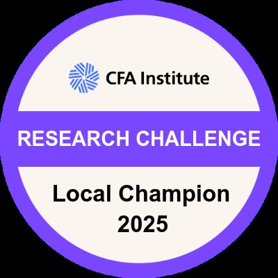 LinkedIn saw it first. 

I just earned my Local Champion badge from the 2025 #CFAResearchChallenge. 🥳🎉
Real-world equity research, and financial modeling wrapped into one unforgettable journey. 

Thanks to my amazing team!
🥇🥳💃🏽

#FinanceTwitter #InvestmentAnalysis #FutureCFA