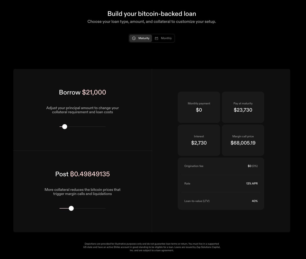 Strike's tweet image. Curious about a bitcoin-backed loan?
Use Strike’s loan simulator to explore your options, no strings attached.
Pick your loan type, amount, and collateral to build the setup that fits you.
Open a loan in minutes when you're ready, right from the app.
strike.me/loan-simulator/