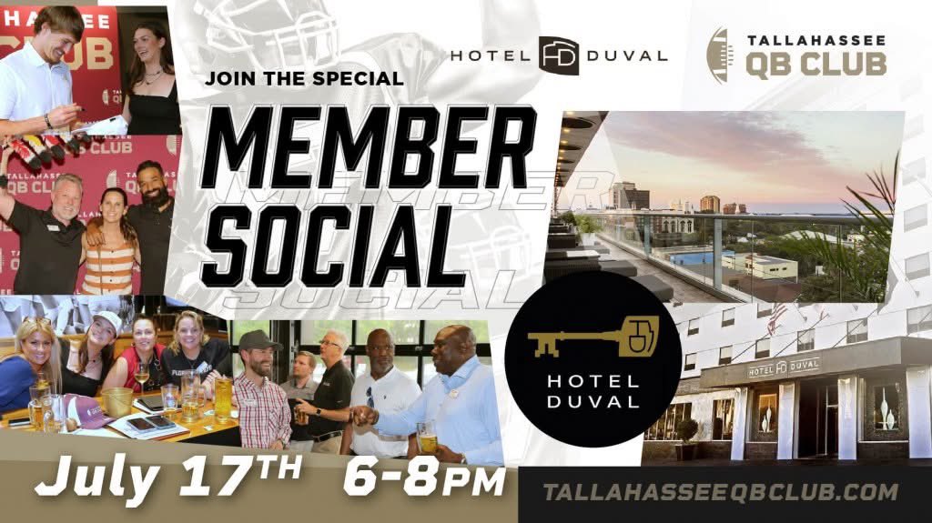 ❗️❗️DON"T MISS OUT❗️❗️

TOMORROW - Thursday July 17th - 5:30PM @ Hotel Duval! 

Join the Tallahassee Quarterback Club our final Summer Social Event for a chance to WIN 2 Tickets to see the Tampa Bay Buccaneers take on NY Jets on September 21st - with HOTEL STAY INCLUDED!