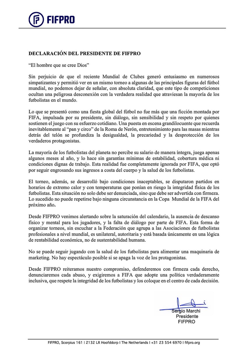 FAParaguay's tweet image. Declaración de Sergio Marchi, presidente de @FIFPRO, sobre el #MundialDeClubes.