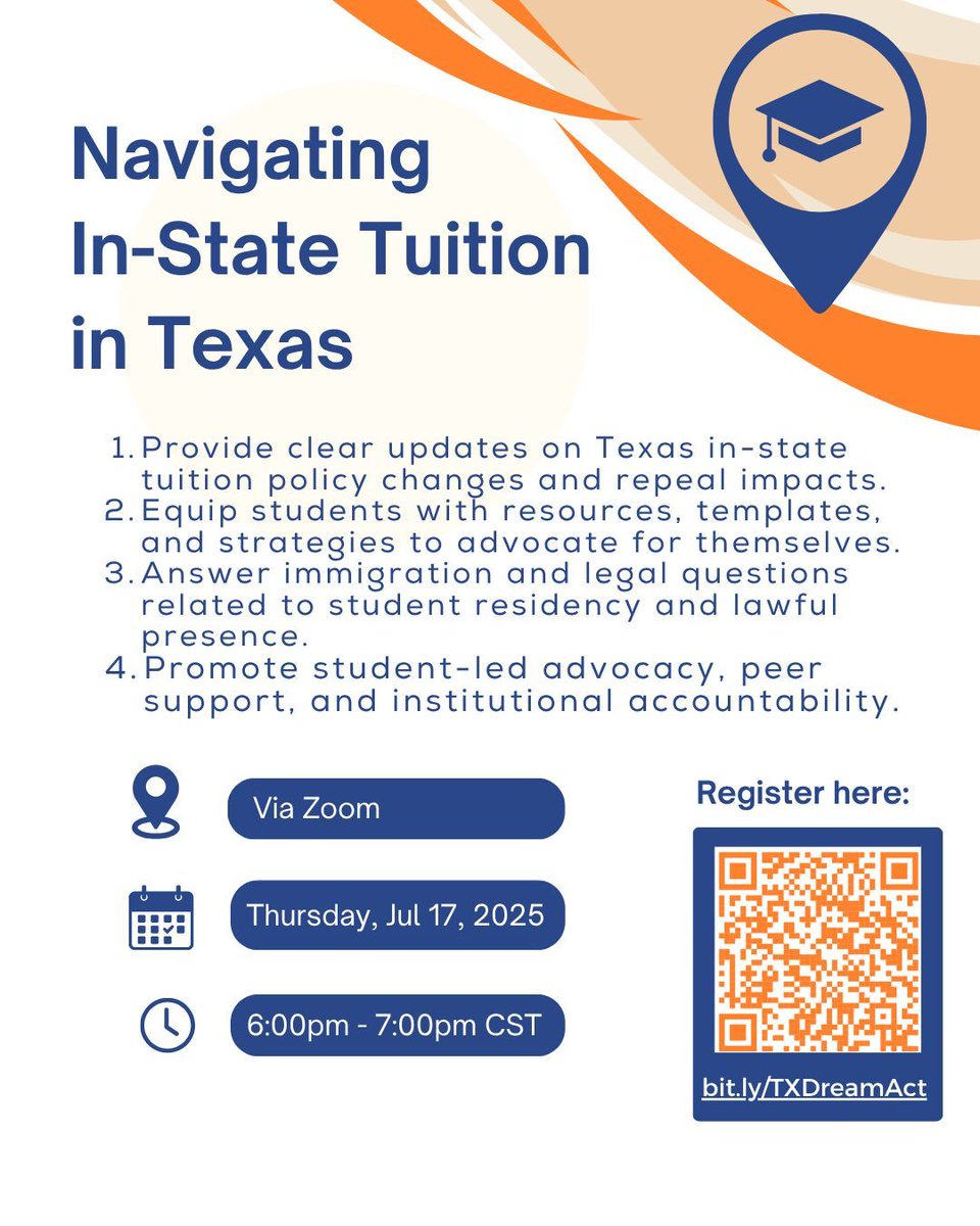 We invite college students, allies, and community members to join us this Thursday evening for a free webinar on navigating in-state tuition after recent policy changes in Texas. Register using the QR code on the flyer!!