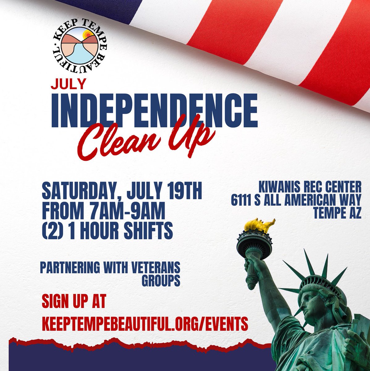 keeptempebtfl's tweet image. 🇺🇸♻️ Join Keep Tempe Beautiful this Saturday, July 19th, for a cleanup honoring Independence Month!  

🦅 We’re proud to partner with Phoenix Metro veterans groups to keep tempe beautiful!  

📍 Kiwanis Park by the Rec Center  (6111 S All America Way, Tempe, AZ 85283, United…