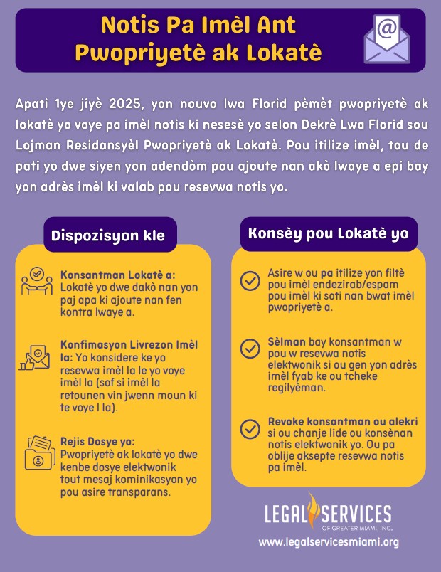 _LSGMI_'s tweet image. Apati 1ye jiyè 2025, yon nouvo lwa Florid pèmèt pwopriyetè ak lokatè yo voye pa imèl notis ki nesesè yo selon Dekrè Lwa Florid sou Lojman Residansyèl Pwopriyetè ak Lokatè. Pou itilize imèl, tou de pati yo dwe siyen yon adendòm pou ajoute nan akò lwaye a epi bay yon adrès imèl ki…