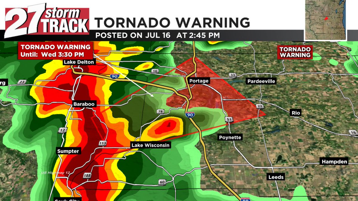 27StormTrack's tweet image. A Tornado Warning is in effect until Jul 16 3:30PM for Columbia, Sauk Co. Go to your safe place now! Watch WKOW for the latest info #wiwx