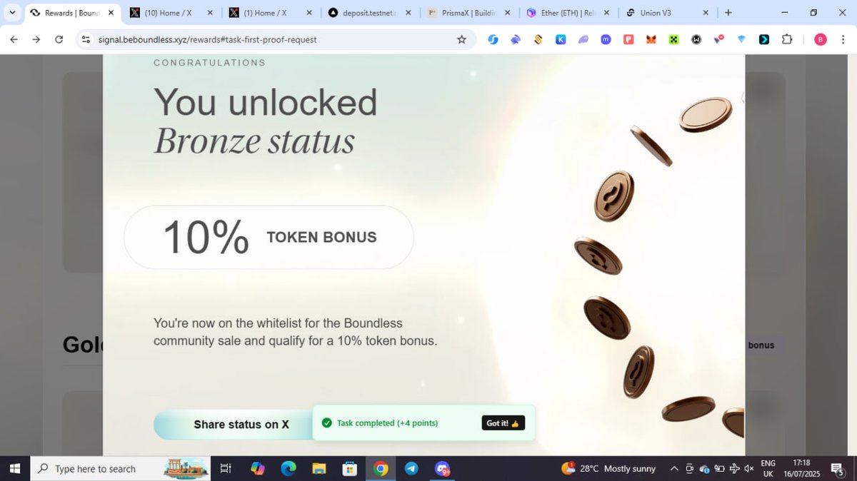 altbright_'s tweet image. Stay Boundless. Limitless.

Boundless Mainnet Beta Went Live Yesterday ! 

Completing The Tasks Earns You A $ZKC Presale WL &amp;amp; Token Bonus. 

- head to: signal.beboundless.xyz/rewards
- ⁠connect your evm
- ⁠connect x and discord 
- ⁠complete available bronze tier tasks and level up…