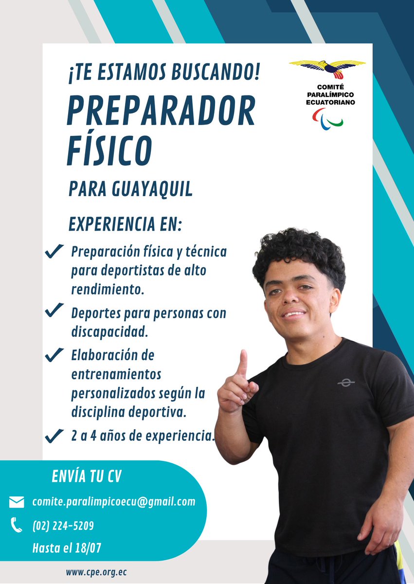 #OportunidadLaboral 📷

El Comité Paralímpico Ecuatoriano, desea incorporar a su equipo de trabajo las siguientes vacantes. 👇
Envíanos tu currículum hasta el 18 de julio al siguiente correo:

comite.paralimpicoecu@gmail.com