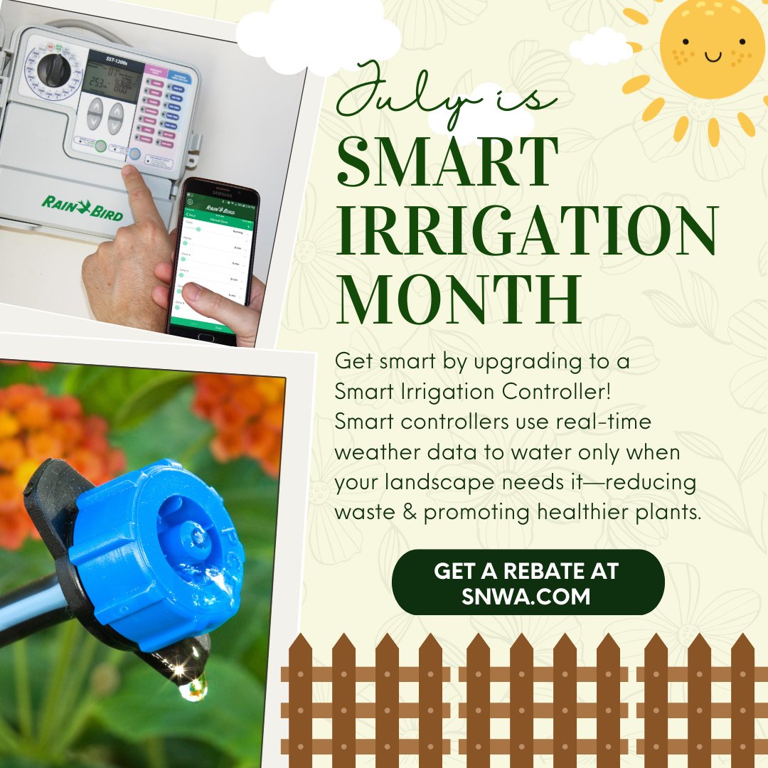 July is Smart Irrigation Month! Boost your landscape watering IQ by upgrading to a smart irrigation controller. Smart controllers use real-time weather data to water only when your landscape needs it—reducing waste &amp; promoting healthier plants. Rebate: snwa.com/rebates/clock/…