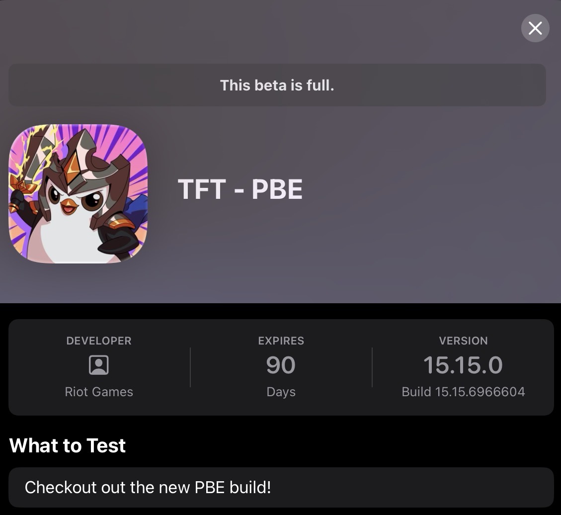 The_Axiomata's tweet photo. @TheTruexy Any news on the TestFlight player reset? It marks is as the new set but it’s still full, on the website it states:  “Once that cap is hit, you'll no longer be able to register. But don't despair! We'll be resetting PBE participants at least once per set“ https://t.co/H4os8G5Kxo