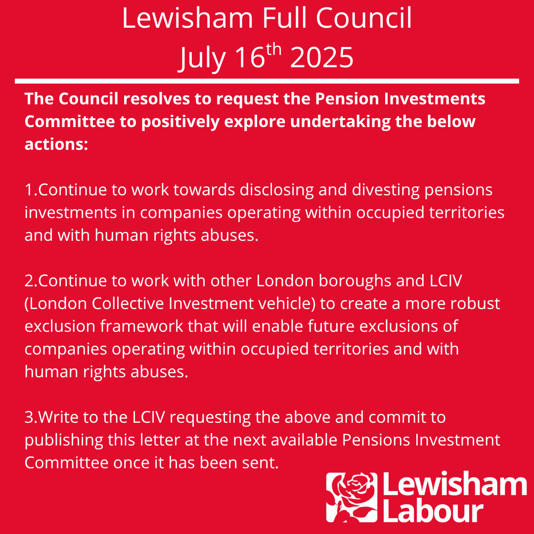 Tonight, at Full Council we agreed the following resolution on a motion on divesting our pension funds from companies operating within occupied territories and with human rights abuses.