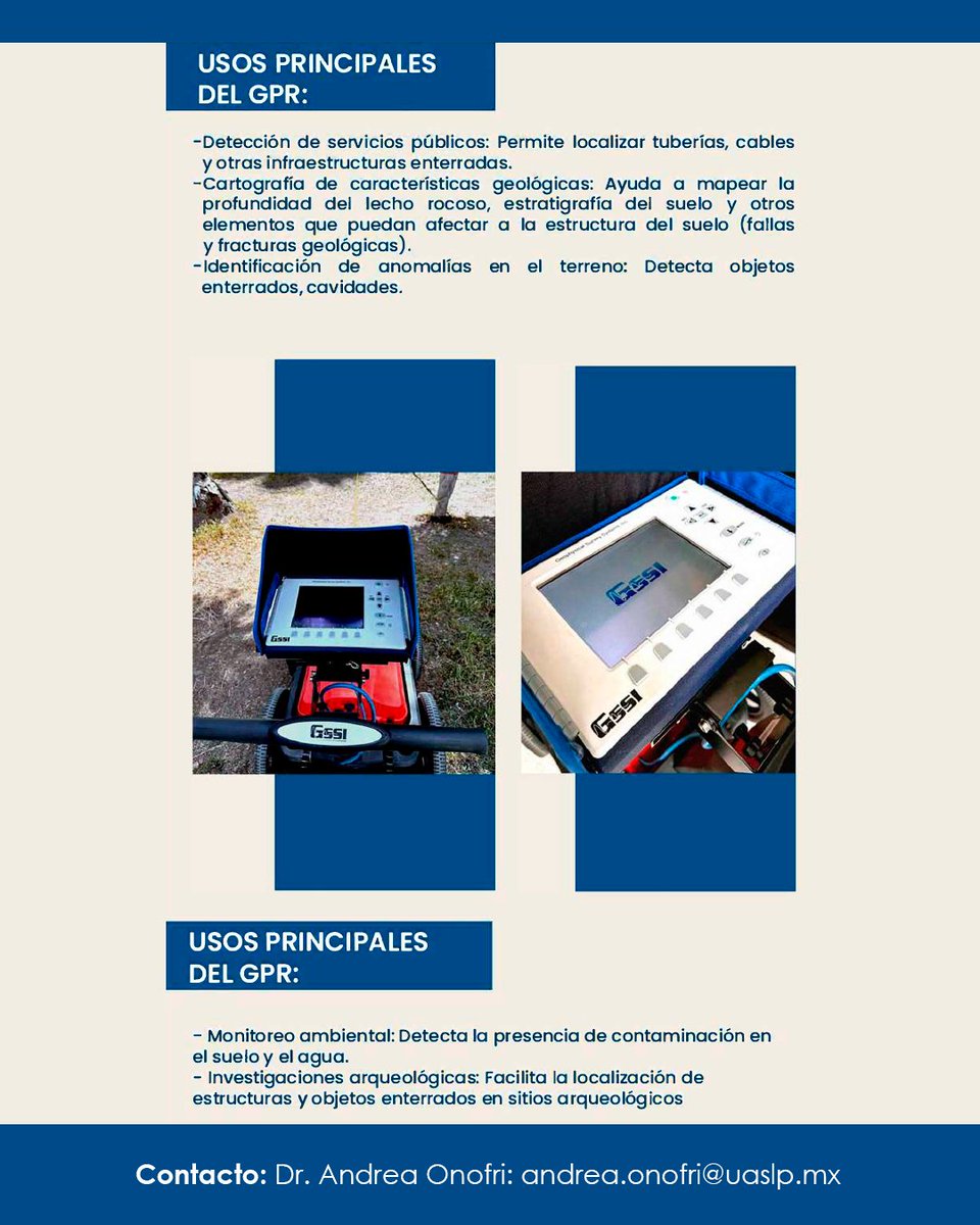 LaUASLP's tweet image. 🔺 La Facultad de @csyhUASLP pone a disposición para renta un equipo de georradar (GPR) con servicio de prospección.

📩 Contacto: andrea.onofri@uaslp.mx