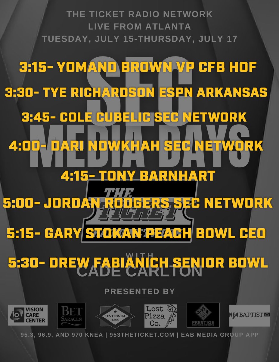 TheTicketRadio's tweet image. We’re live from Day 3 of SEC Media Days this afternoon from 3-6 pm on The Ticket.
Thanks to Vision Care Center, Bet Saracen, Centennial Bank, Lost Pizza, Prestige Heating and Cooling and NEA Baptist for making our coverage possible.