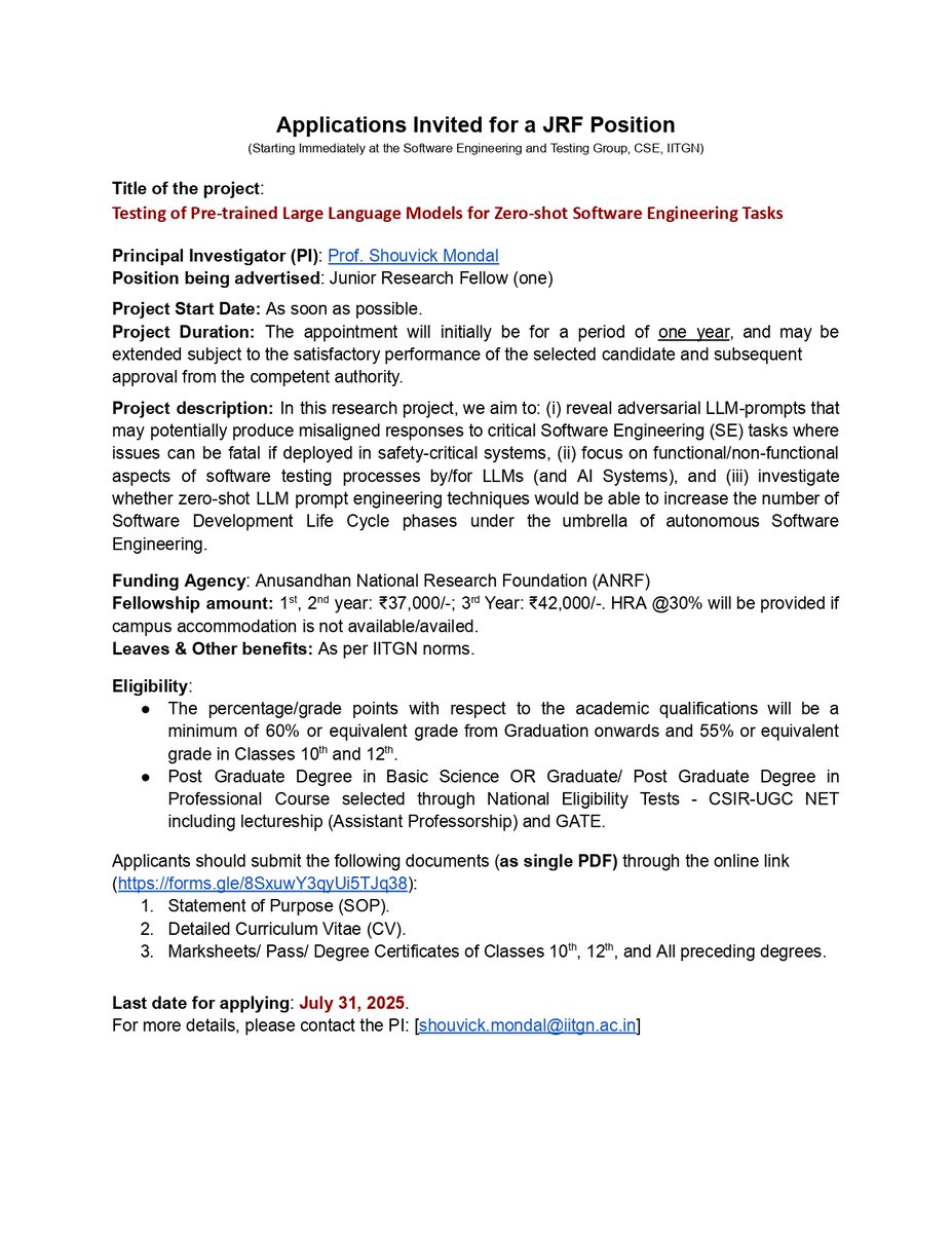 Shouvick Mondal (@shouvick_mondal) on Twitter photo Applications Invited for a JRF Position
(Starting Immediately at the Software Engineering and Testing Group, <a href="/cse_iitgn/">CSE@IITGN</a>, <a href="/iitgn/">IIT Gandhinagar</a>.
Apply here (forms.gle/8SxuwY3qyUi5TJ…) by July 31, 2025.
<a href="/ANRFIndia/">Anusandhan National Research Foundation</a> #ANRFIndia Applications Invited for a JRF Position
(Starting Immediately at the Software Engineering and Testing Group, <a href="/cse_iitgn/">CSE@IITGN</a>, <a href="/iitgn/">IIT Gandhinagar</a>.
Apply here (forms.gle/8SxuwY3qyUi5TJ…) by July 31, 2025.
<a href="/ANRFIndia/">Anusandhan National Research Foundation</a> #ANRFIndia