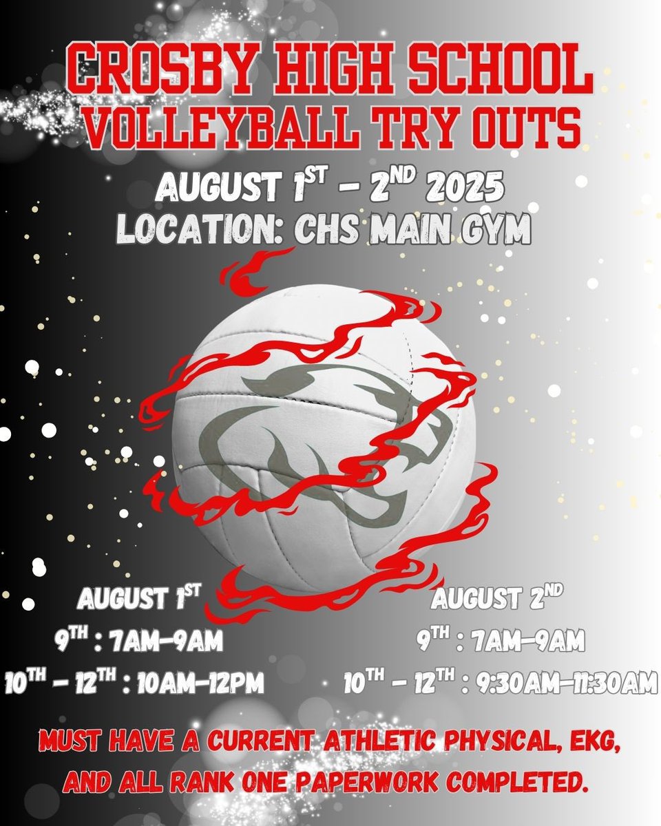 CrosbyISD's tweet image. Volleyball tryouts! Mark your calendars.