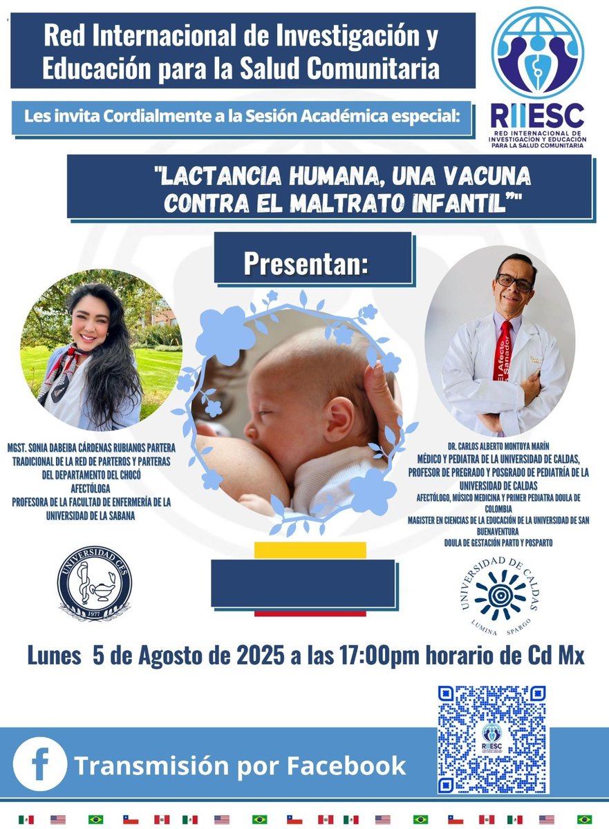 COPOCYT's tweet image. La Red Internacional de Investigación y Educación para la Salud Comunitaria (RIIESC) invita a la Sesión Académica especial "Lactancia Humana, una vacuna contra el maltrato infantil"
Lunes 5 de Agosto a las 17:00 hrs.
Será transmitida por Facebook en la imagen está el código QR