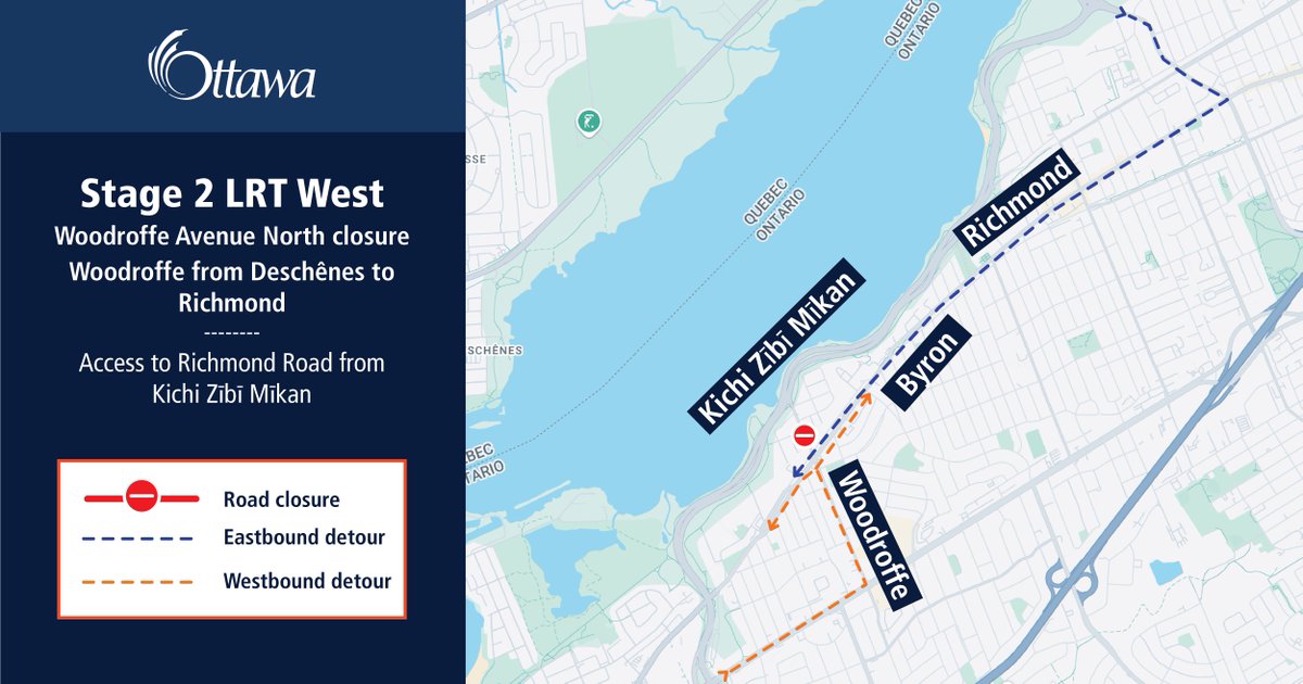 ottawacity's tweet image. Woodroffe Avenue between Richmond Road and Deschenes Street will close on Sunday, July 20 for the next three months.
The closure is required to replace sewer infrastructure and is a key part of revitalizing Richmond Road.
More: bit.ly/468DhdU