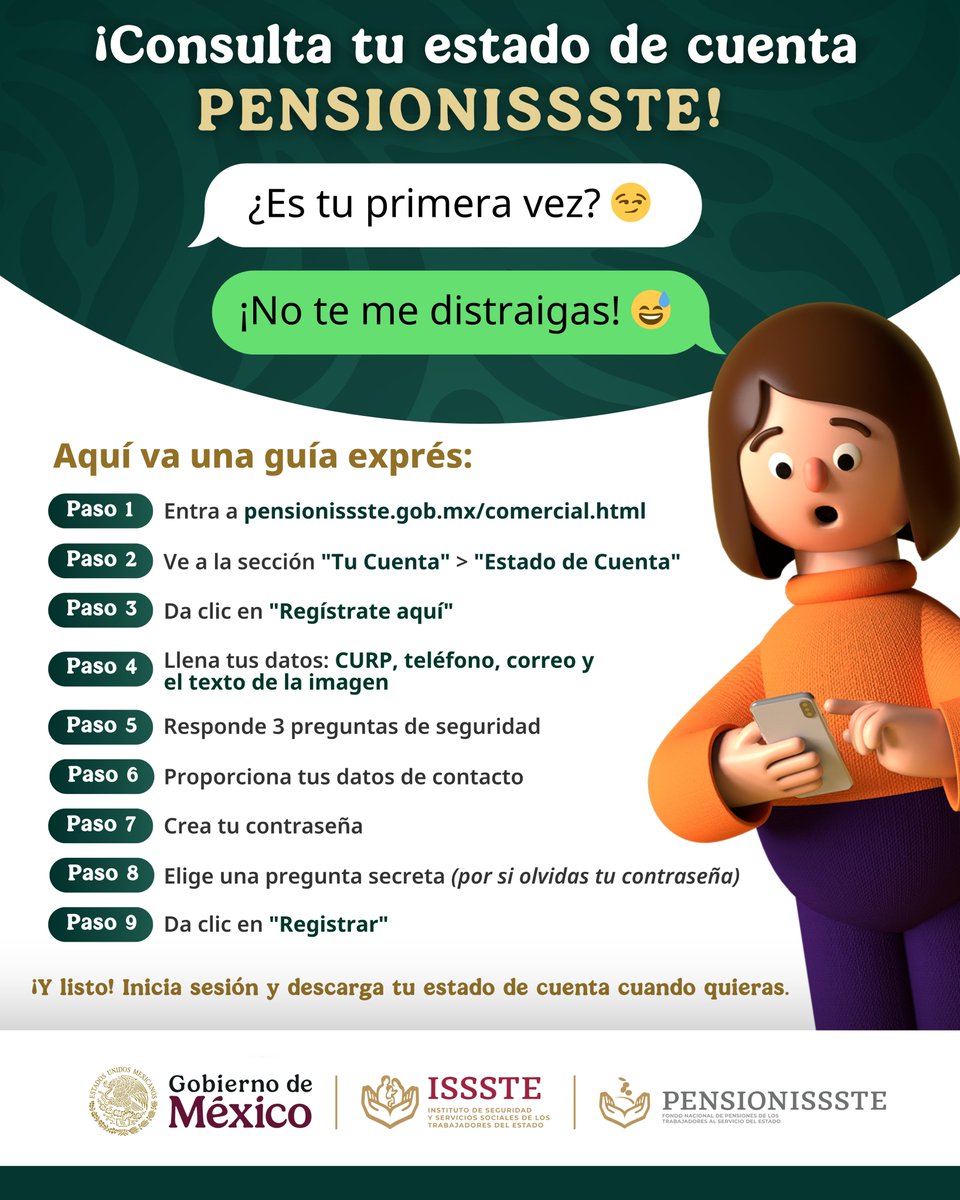 ISSSTE (@issste_mx) on Twitter photo ¡Cuentas claras, amistades largas! 👏
Más fácil no puede ser, si por algún motivo no has recibido tu estado de cuenta <a href="/PENSIONISSSTE_/">AFORE PENSIONISSSTE</a> o necesitas consultarlo nuevamente, hazlo desde su portal comercial: pensionissste.gob.mx/comercial.html
Mira cómo: 👇 ¡Cuentas claras, amistades largas! 👏
Más fácil no puede ser, si por algún motivo no has recibido tu estado de cuenta <a href="/PENSIONISSSTE_/">AFORE PENSIONISSSTE</a> o necesitas consultarlo nuevamente, hazlo desde su portal comercial: pensionissste.gob.mx/comercial.html
Mira cómo: 👇