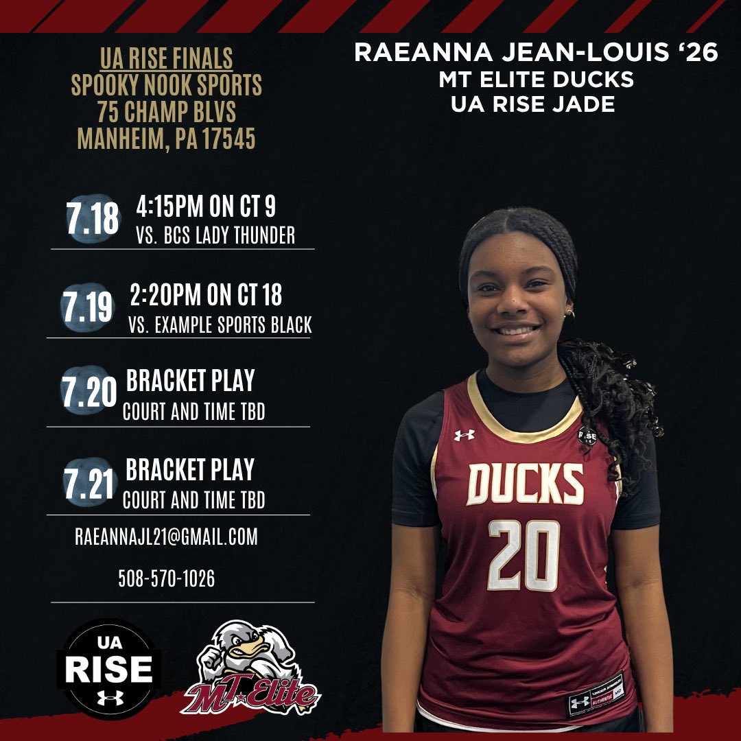 Raeanna Jean-Louis (@raeannajl21) on Twitter photo So excited to be playing in the UA Rise Session III in Pennsylvania with the <a href="/MTEliteDucks/">MT Elite Ducks</a>! Check out my schedule below!! <a href="/AllieScarpa/">Allie</a> <a href="/TimLopes9/">Coach Tim Lopes</a> <a href="/mdell74/">Matt DellaBarba</a> So excited to be playing in the UA Rise Session III in Pennsylvania with the <a href="/MTEliteDucks/">MT Elite Ducks</a>! Check out my schedule below!! <a href="/AllieScarpa/">Allie</a> <a href="/TimLopes9/">Coach Tim Lopes</a> <a href="/mdell74/">Matt DellaBarba</a>