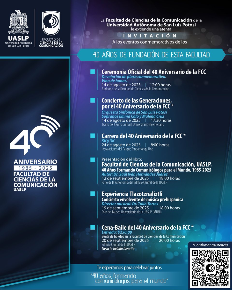 LaUASLP's tweet image. ¿Ya viste? 😃

La @FCC_UASLP extiende una atenta 🎉 INVITACIÓN 🎉 a los eventos conmemorativos por los 40 años de su fundación.

📻📺🧑‍💻 Estudiantes, egresados, docentes y público en general ¡Todos son bienvenidos a esta celebración!

#SomosUASLP 💙💛