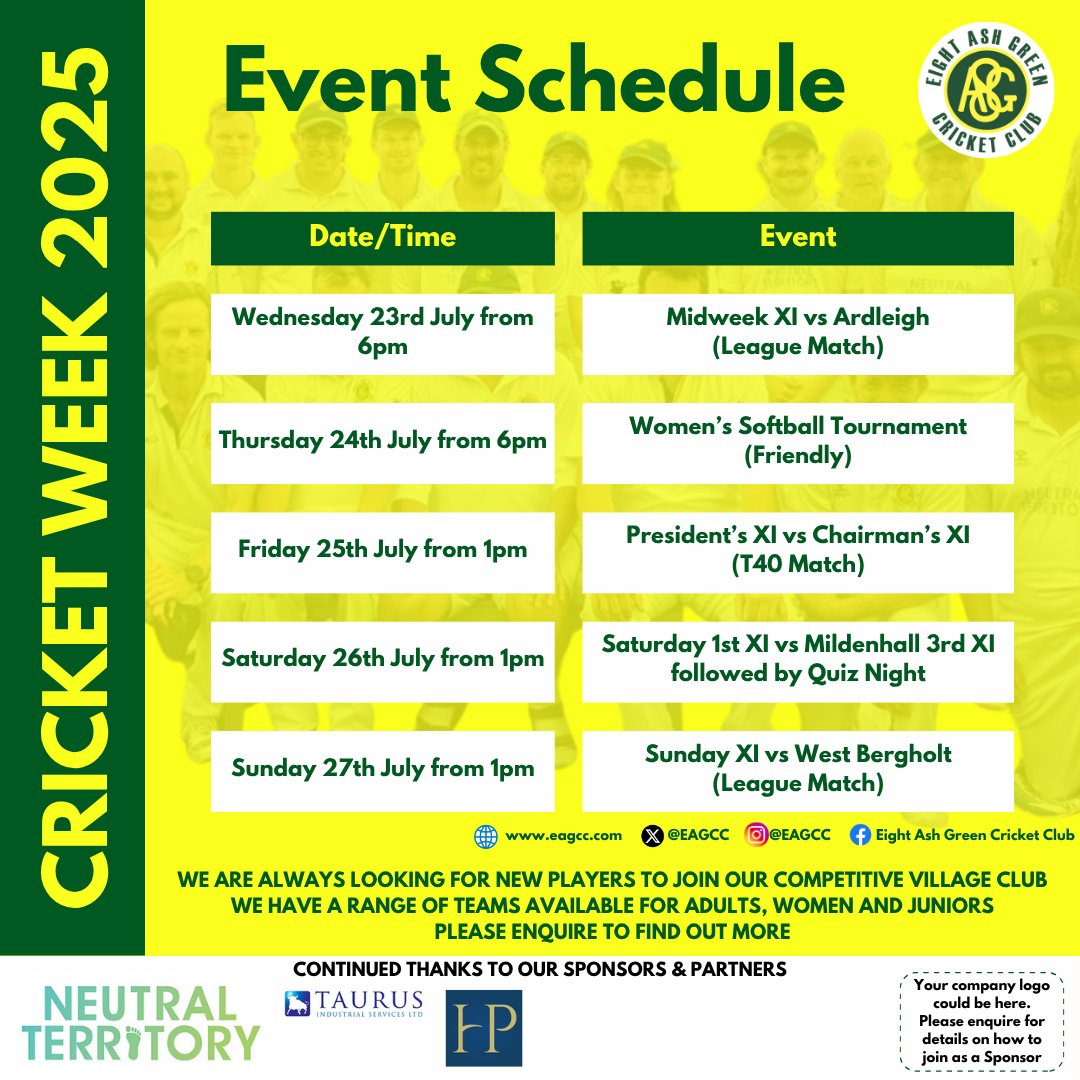 After the success of our first Cricket Week in many years last year, we are counting down to our next Cricket Week in just TWO DAYS TIME! 🎉
.
Scroll for the full list of events happening across the 10 days 🙌🏻
.
#EAGCC #EightAshGreenCricketClub #EightAshGreen #ComeOnTheGreen