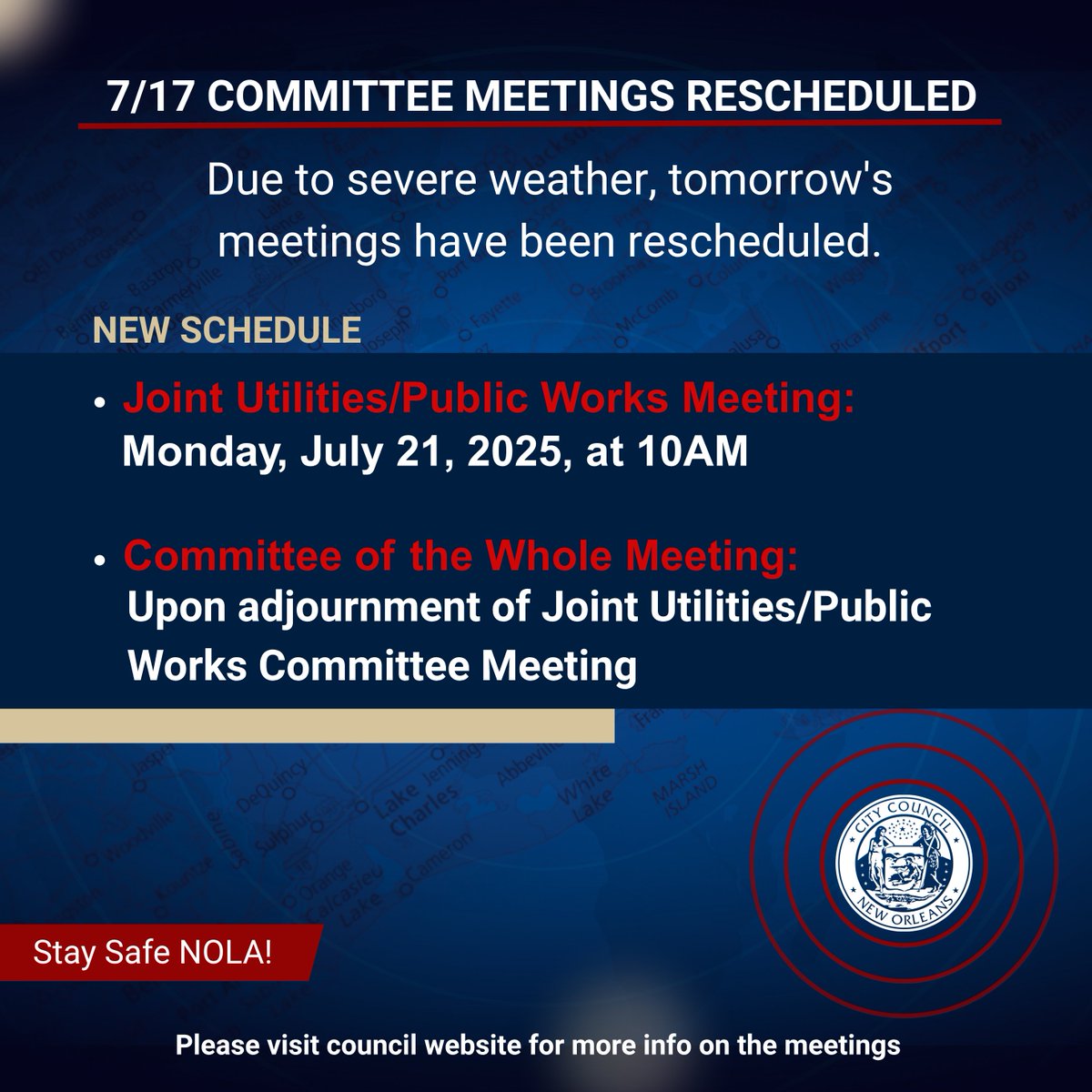 NOLACityCouncil's tweet image. An update on tomorrow's Committee Meetings. Visit council.nola.gov/meetings for more information #NOLA #NOLACityCouncil