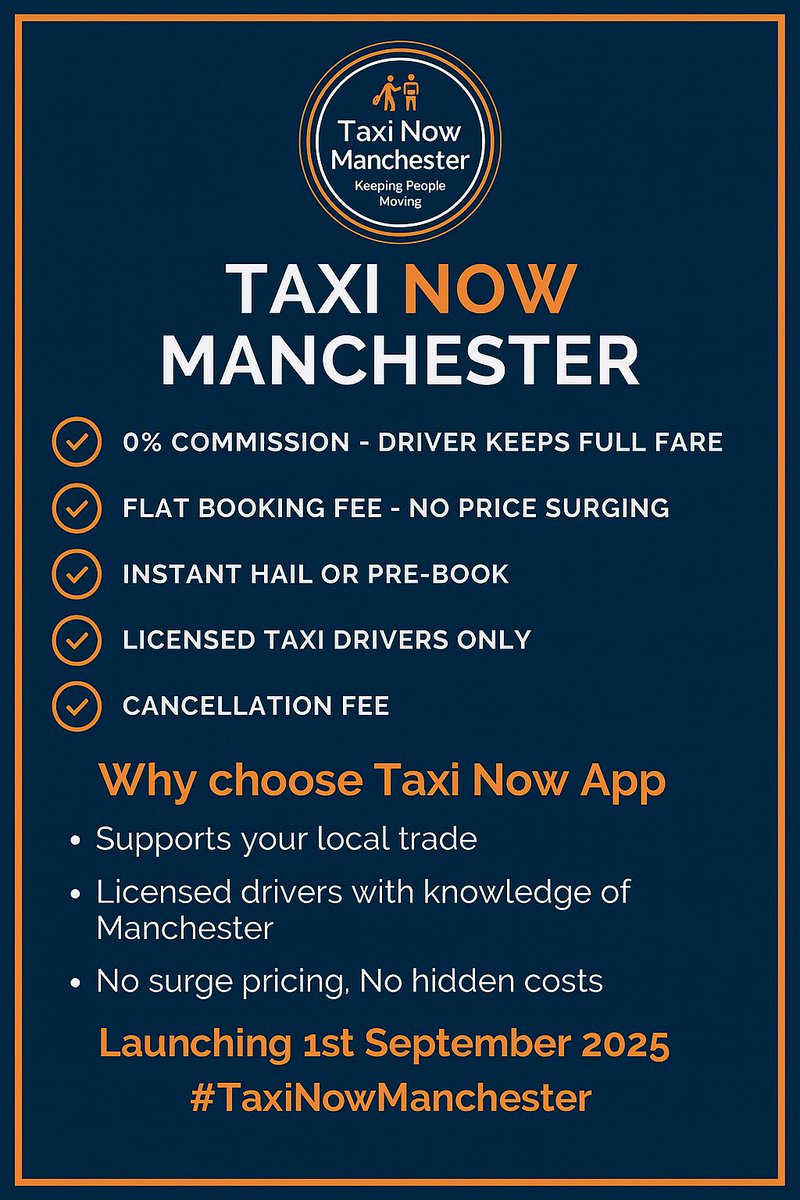 🚖 Manchester — Get Ready!

We’re proud to launch Taxi Now Manchester — exclusively for licensed black cabs.

✅ 0% Commission 
✅ Flat Booking Fee Only
✅ Pre-book or Book Now
✅ Licensed Black Cabs Only 

Launching in Manchester — 1st September 2025

Join the app that puts