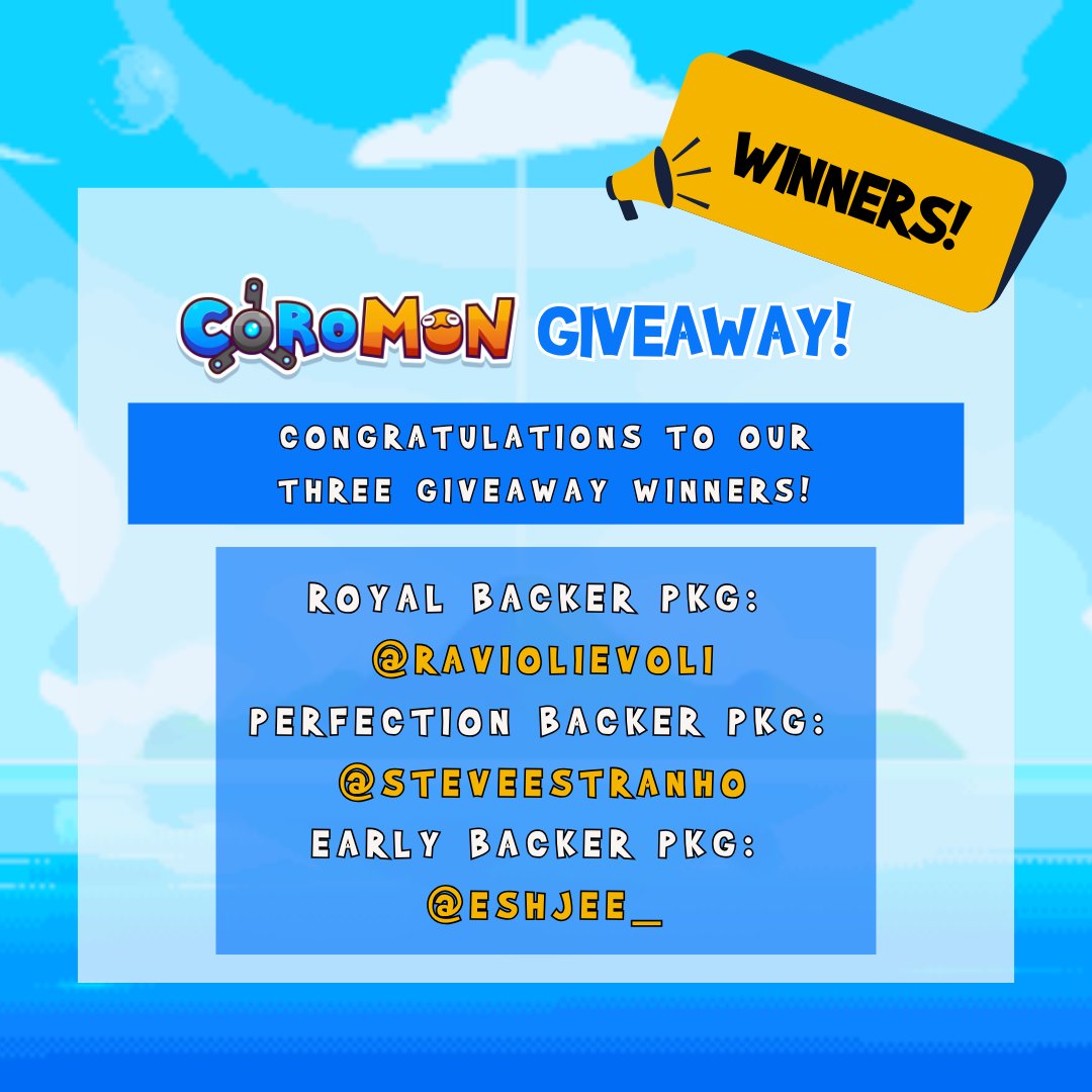CoromonTheGame's tweet image. Thanks to all who participated in our first social giveaway! We're so excited to announce our three X winners, who will each receive a backer package. 🎁
Without further ado, the lucky three are...
@RavioliEvoli 🎉
@SteveEstranho 🎉
@EshJee_ 🎉
Winners, please email…