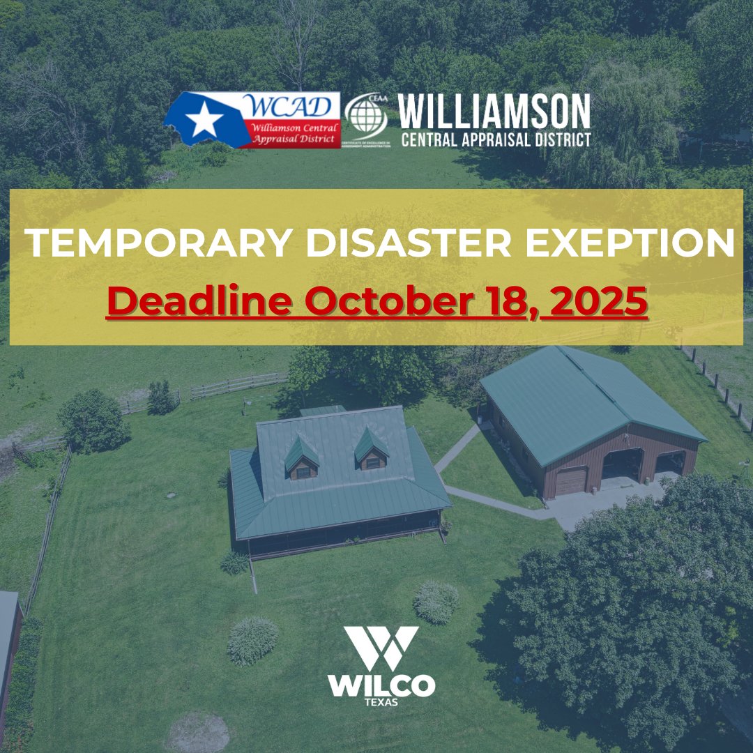 PreparingWilCo's tweet image. ⚠️A disaster declaration was issued for Williamson County due to recent flooding.
Property owners with at least 15% damage may qualify for a temporary disaster exemption.
Deadline: October 18, 2025
📄 Apply: wcad.org/temporary-disa…
Apply promptly if eligible.