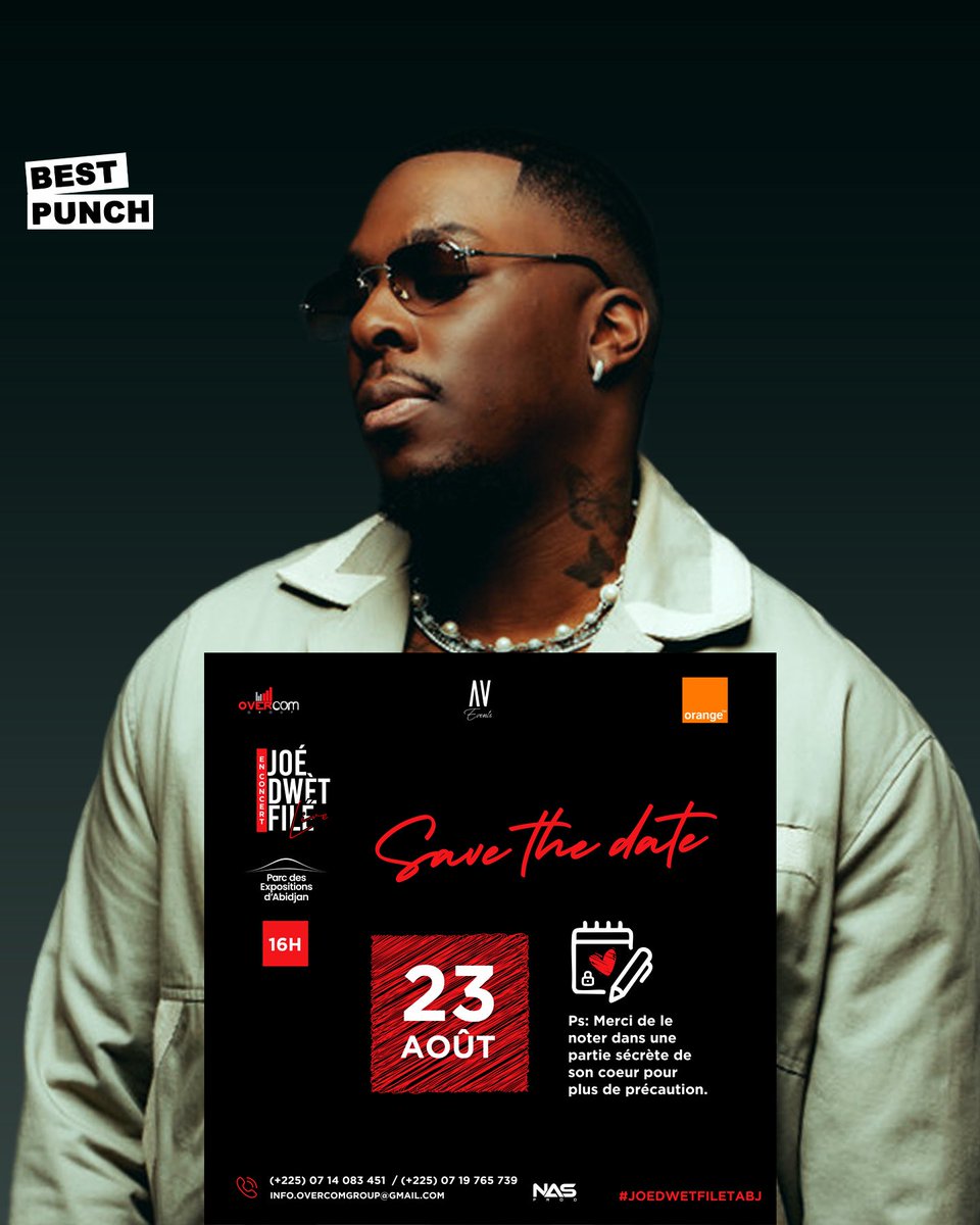 🚨🎶✨ SAVE THE DATE ! ✨🎶

L’amour en mélodie avec Joe Dwèt Filé 💖
📅 Le 23 Août 2024
📍 Parc des Expositions, Abidjan
🕓 À partir de 16h

Préparez-vous pour une soirée unique, rythmée par l’amour, la cohésion et la bonne vibe Kompa ! 💃🏽🕺🏽

Ne manquez pas l’événement de l’été