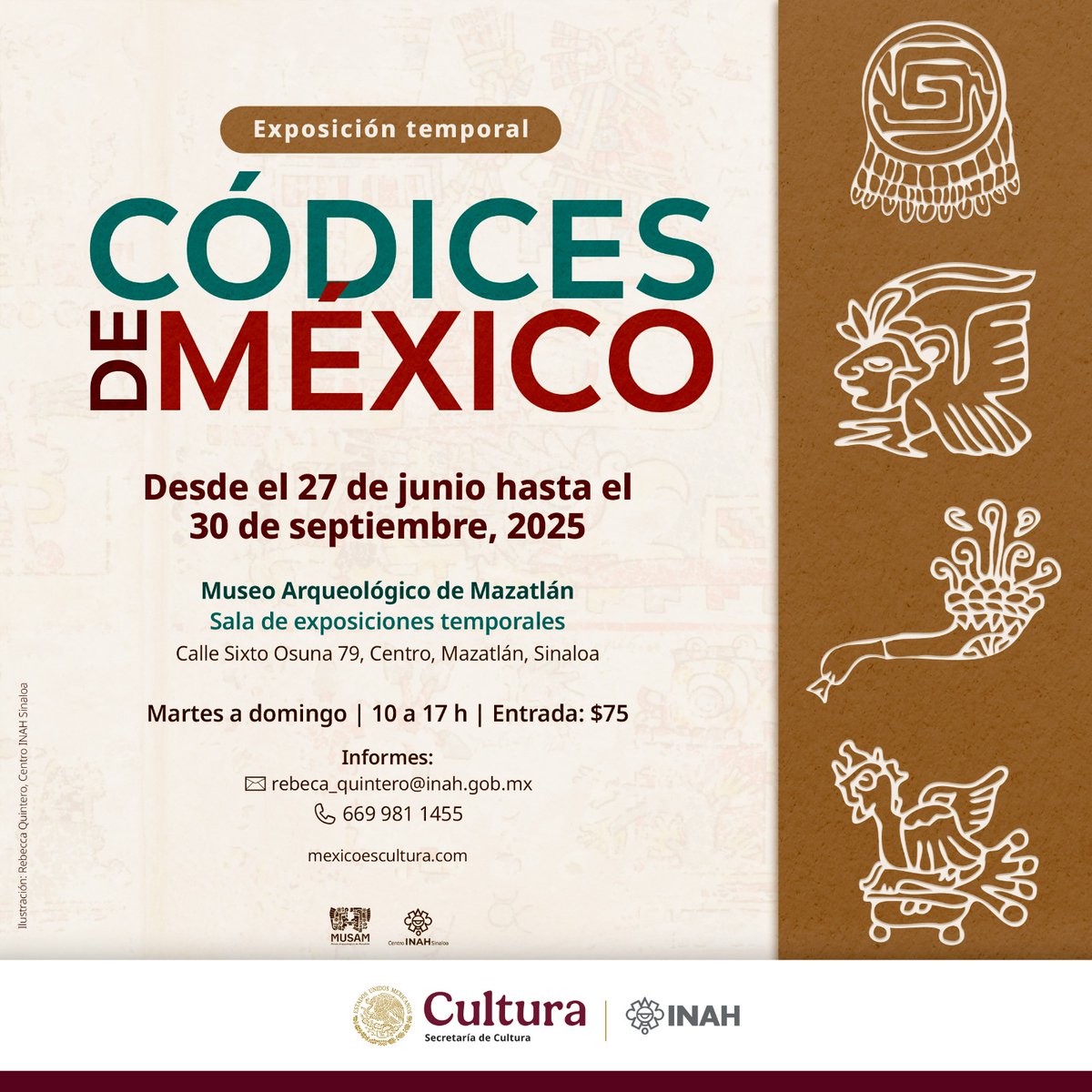La exposición "Códices de México" en el <a href="/MUSAMMazatlan/">Museo Arqueológico De Mazatlán</a> conmemora los cincuenta años del Museo Nacional de Antropología. 

A través de una visita virtual que consta de 27 panorámicas de 360°, se podrá acceder a la información de los códices expuestos.

Sala de exposiciones