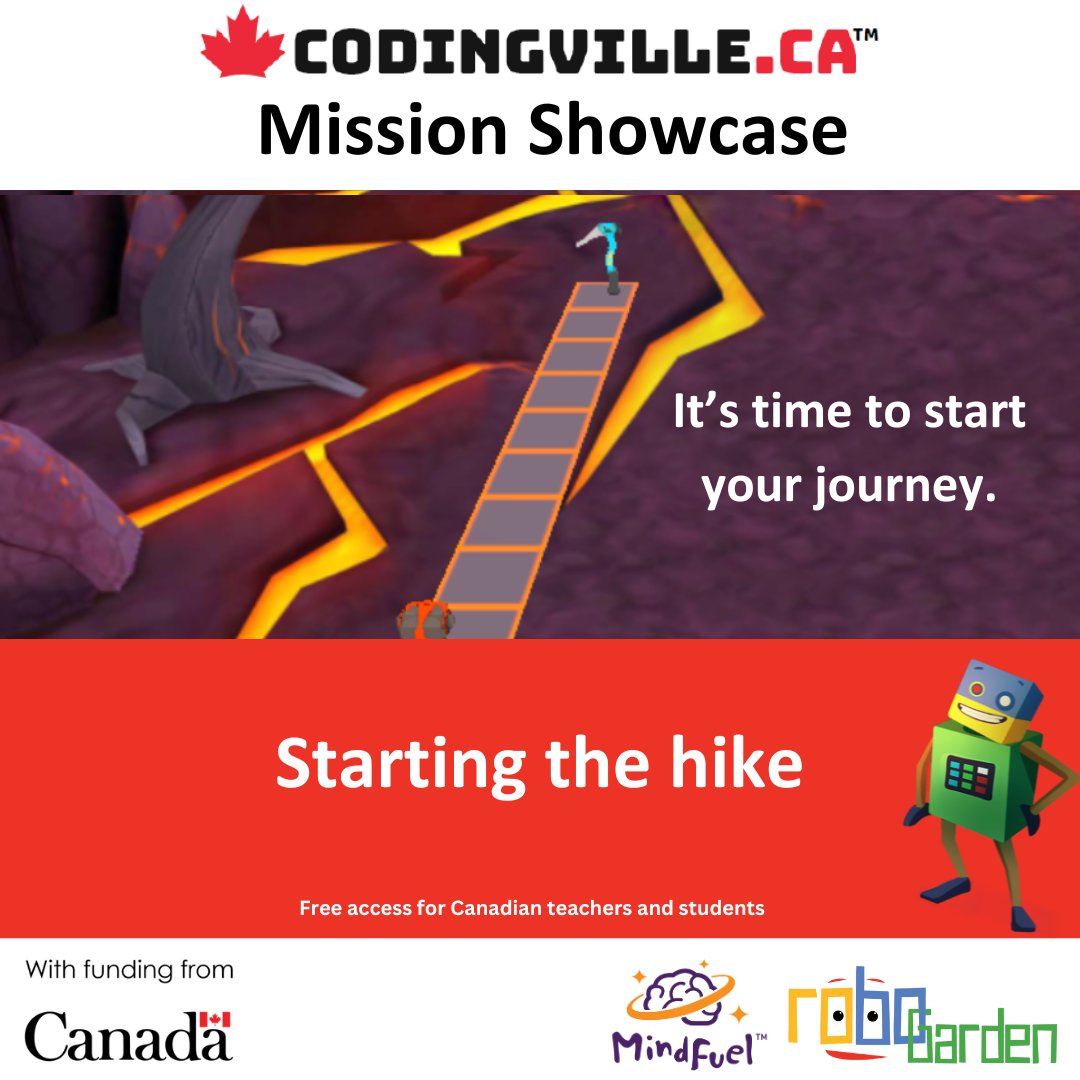 In this From Blocks to Javascript mission Robo is starting his hike, and he needs to be efficient. Help him gather the tools he needs, using the least amount of code possible, and start your coding journey below:

codingville.ca