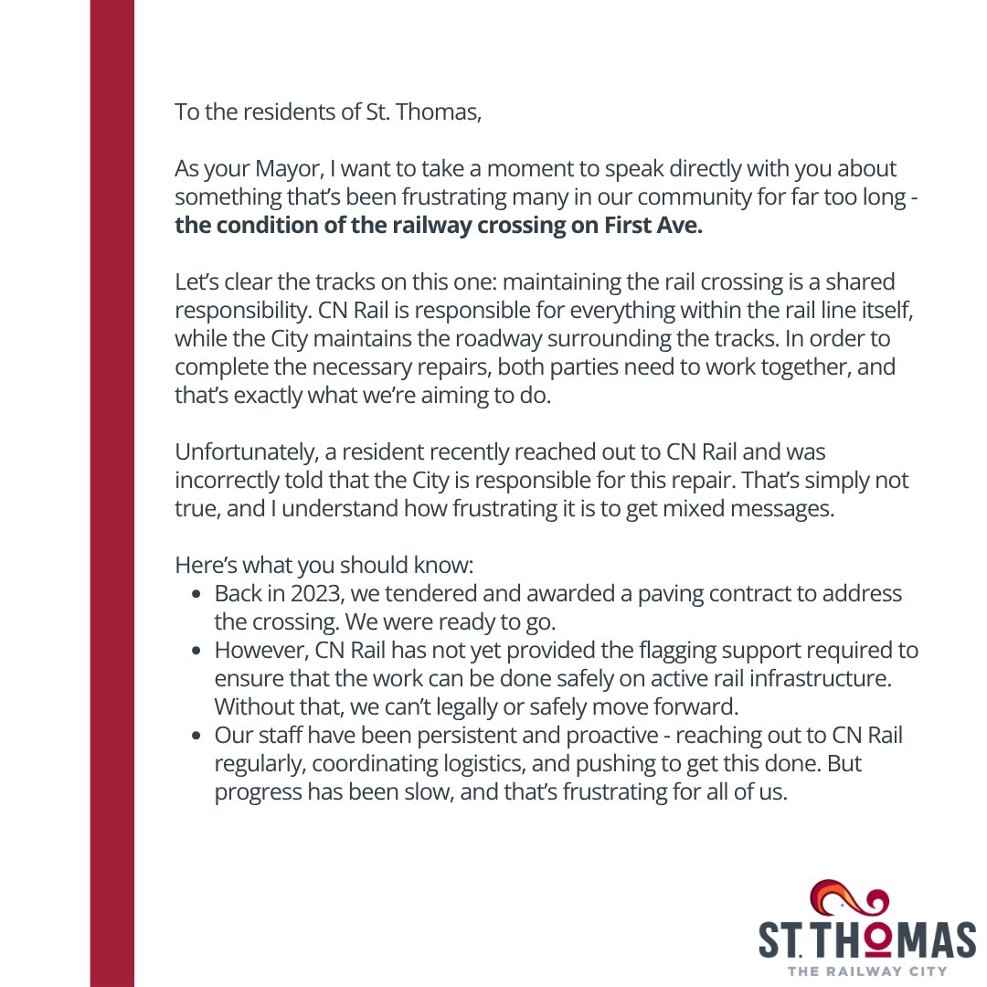 cityofstthomas's tweet image. We hear you, St. Thomas.
The Mayor has issued a statement addressing concerns about the railway crossing on First Avenue, clarifying responsibilities and outlining the steps we’re taking to get it fixed.
It’s a team effort, and we’re pushing for progress.🤝
#TheRailwayCity