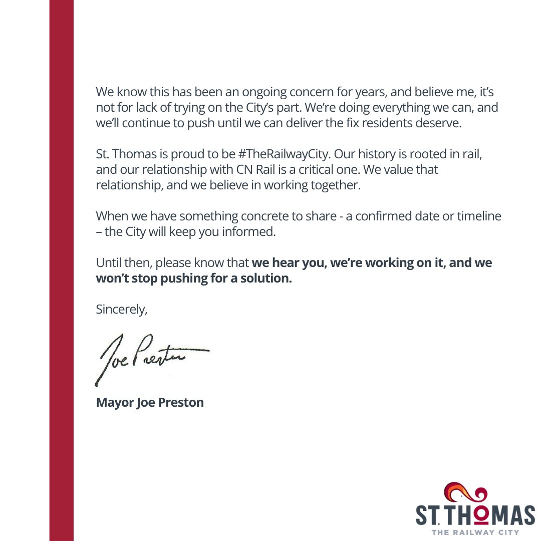 cityofstthomas's tweet image. We hear you, St. Thomas.
The Mayor has issued a statement addressing concerns about the railway crossing on First Avenue, clarifying responsibilities and outlining the steps we’re taking to get it fixed.
It’s a team effort, and we’re pushing for progress.🤝
#TheRailwayCity