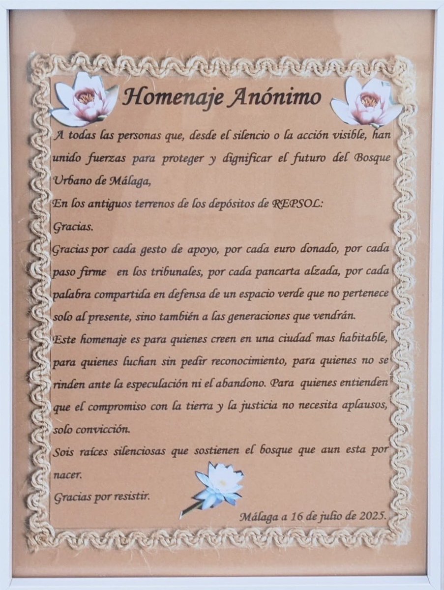 Hoy hemos recibido este precioso y emocionante regalo, que nos llena de ilusión y orgullo. ☺️ Y nos da aún más fuerzas para seguir adelante en nuestro camino para lograr un #BosqueUrbano en el corazón de #Málaga. #YoQuieroBUM 💚🌳