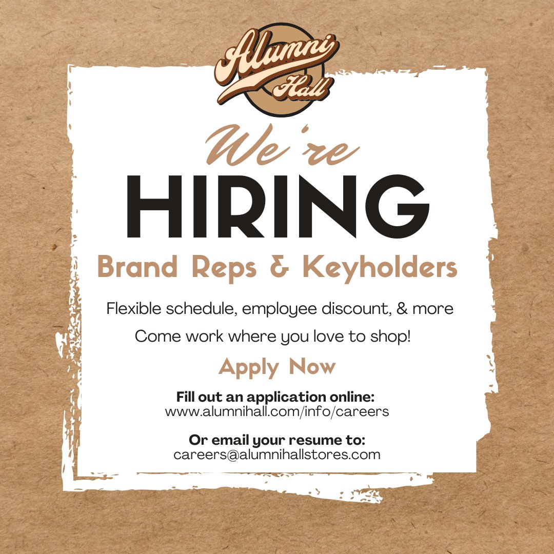 AlumniHallUNL's tweet image. We&apos;re now hiring for Brand Reps &amp;amp; Keyholders! 🎉 Come work where you love to shop!
alumnihall.com/info/careers