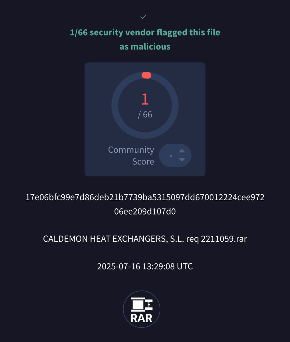 Low detected 'CALDEMON HEAT EXCHANGERS, S.L. req 2211059.rar' variants from China and Germany 
<a href="/abuse_ch/">abuse.ch</a> 
bazaar.abuse.ch/sample/17e06bf… and 
bazaar.abuse.ch/sample/ecca139…