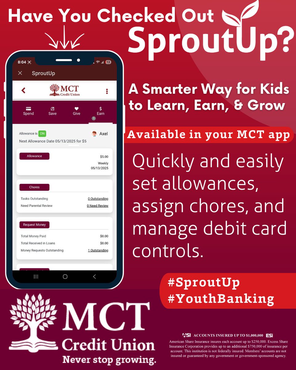 MCTSprout's tweet photo. 🌱 Parents, SproutUp is here!

Now live inside your MCT Digital Banking, SproutUp makes it fun for kids and teens to earn for chores, get rewarded for good grades, and build smart saving habits.

✅ Easy for parents to manage
✅ Safe and secure with your trusted MCT accounts https://t.co/8vF4hIgKEr