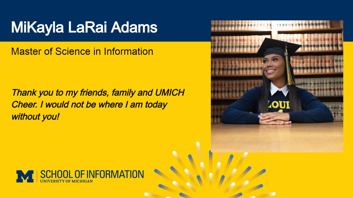 umsi's tweet image. That's what we call squad goals. 🎓👏 Congratulations, MiKayla LaRai Adams!
Visit UMSI’s 2025 graduation archive to view graduate profiles and our commencement photo gallery: umsi.info/graduation2025
#MGoGrad #UMSI25